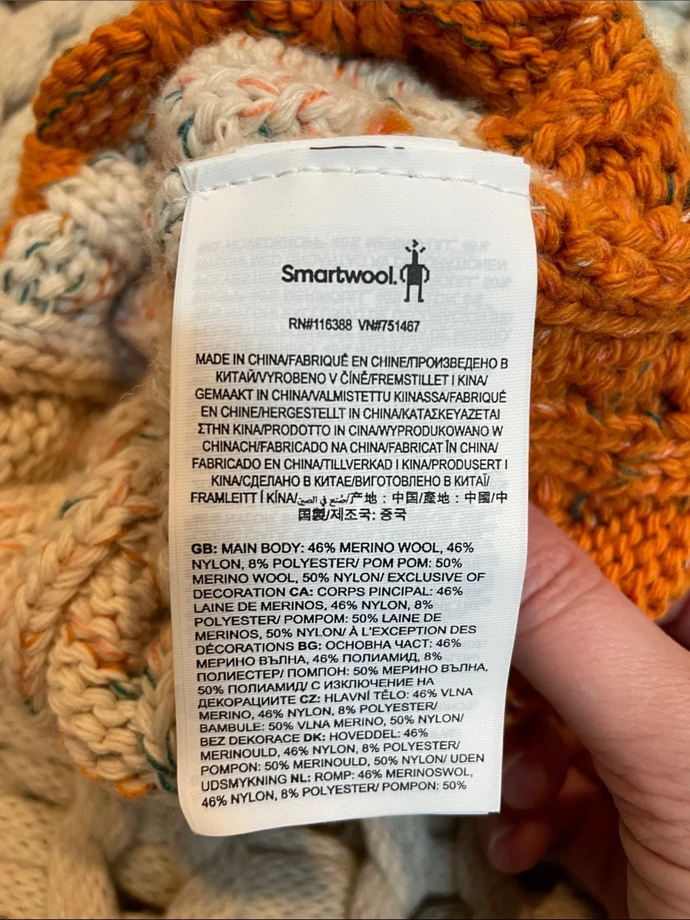 Smartwool Kids Isto Retro Cable Knit Pom Beanie in Orange and Cream and Gray